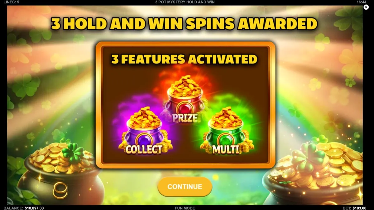 Tampilan visual slot 3 Pot Mystery Hold and Win dengan tema tambang emas