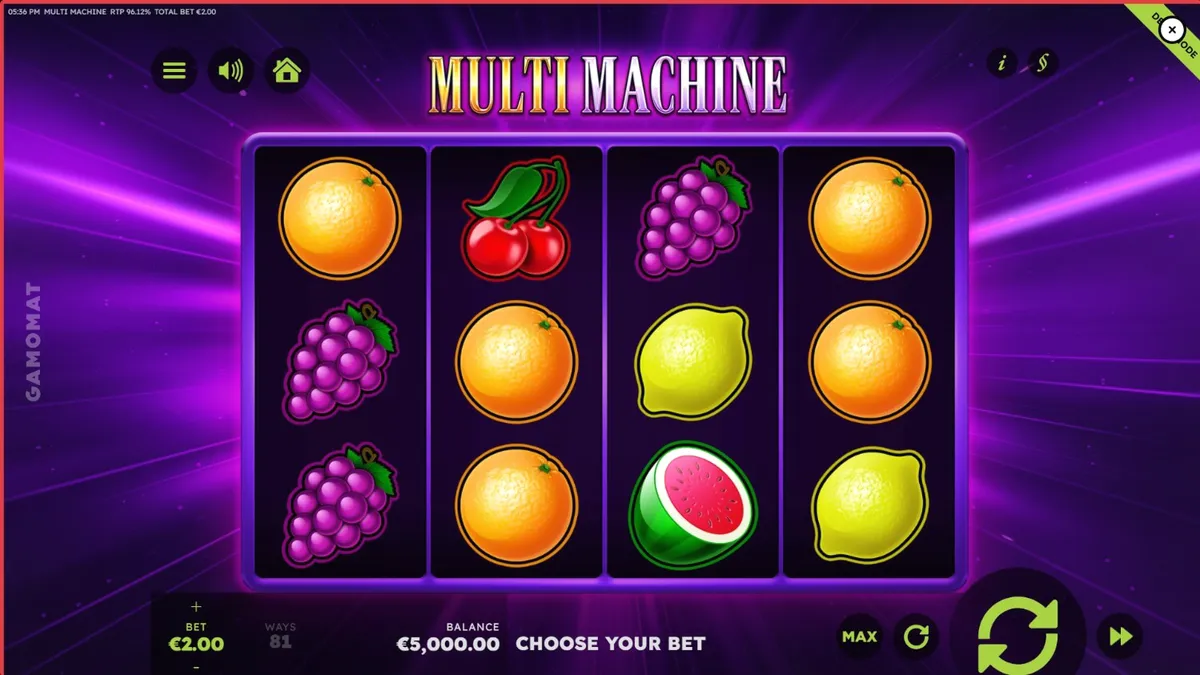 Tampilan visual mesin slot Multi Machine dengan simbol buah klasik dan aksen ungu modern.