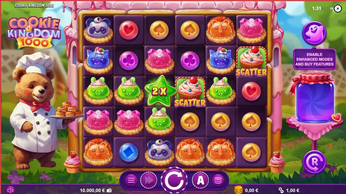 Tampilan visual slot Cookie Kingdom 1000 dengan tema permen dan karakter beruang