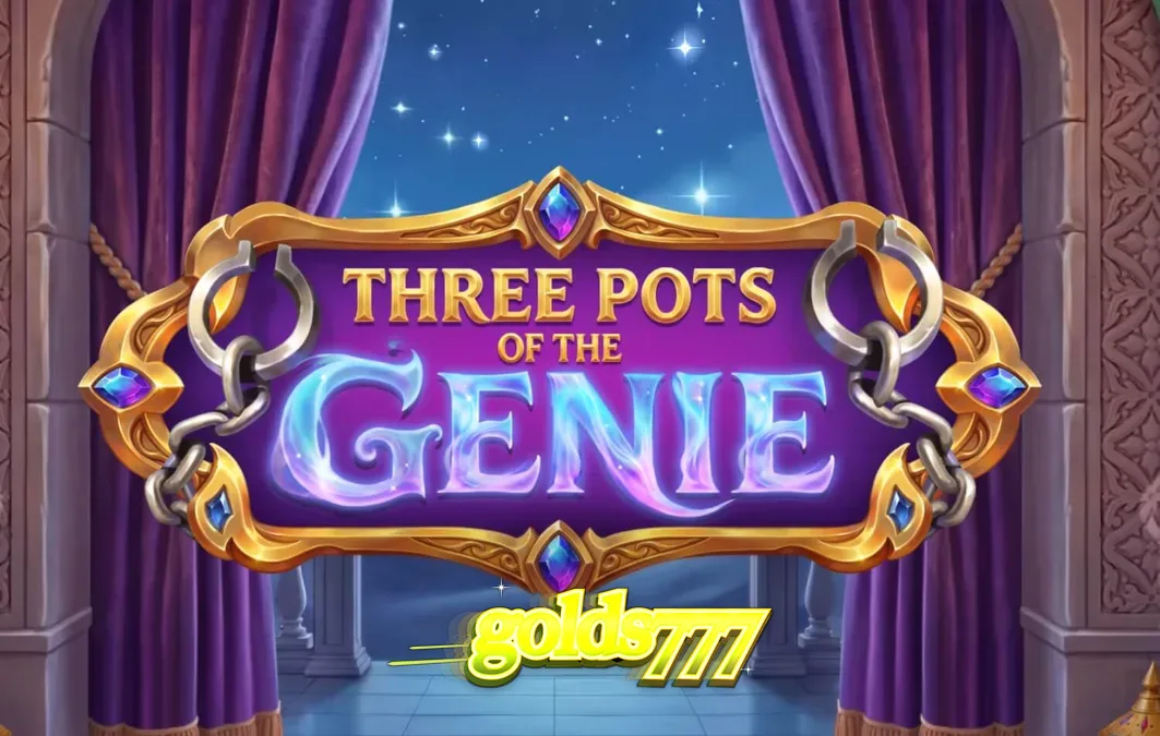 Tampilan visual slot Three Pots of the Genie dengan latar belakang gurun dan pot koleksi permata